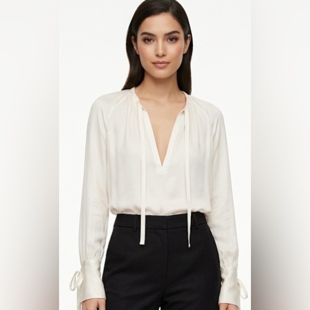 SILK CLUB MONACO Cream Blouse Shirred Tie-KeyHole Neck Detail Long Sleeve Size S